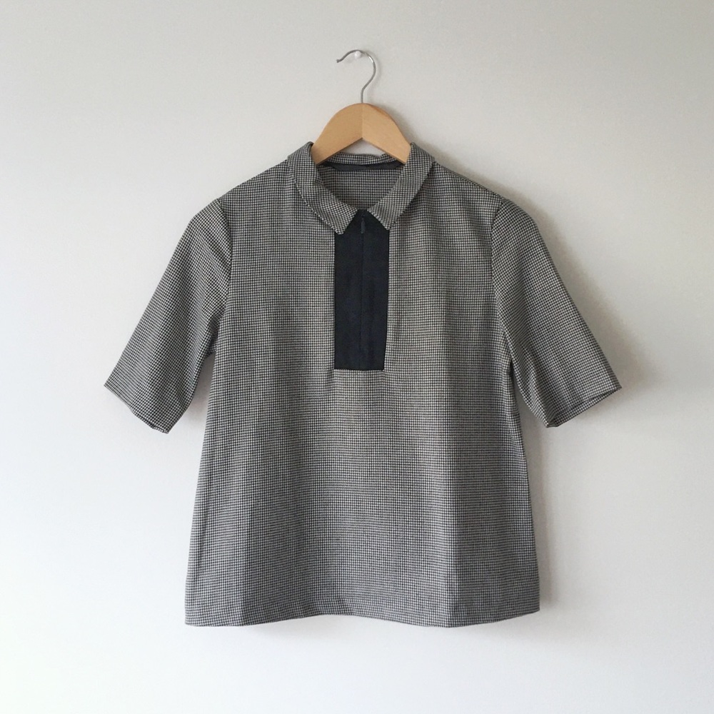 Zara Houndstooth Front Zip Collar Top